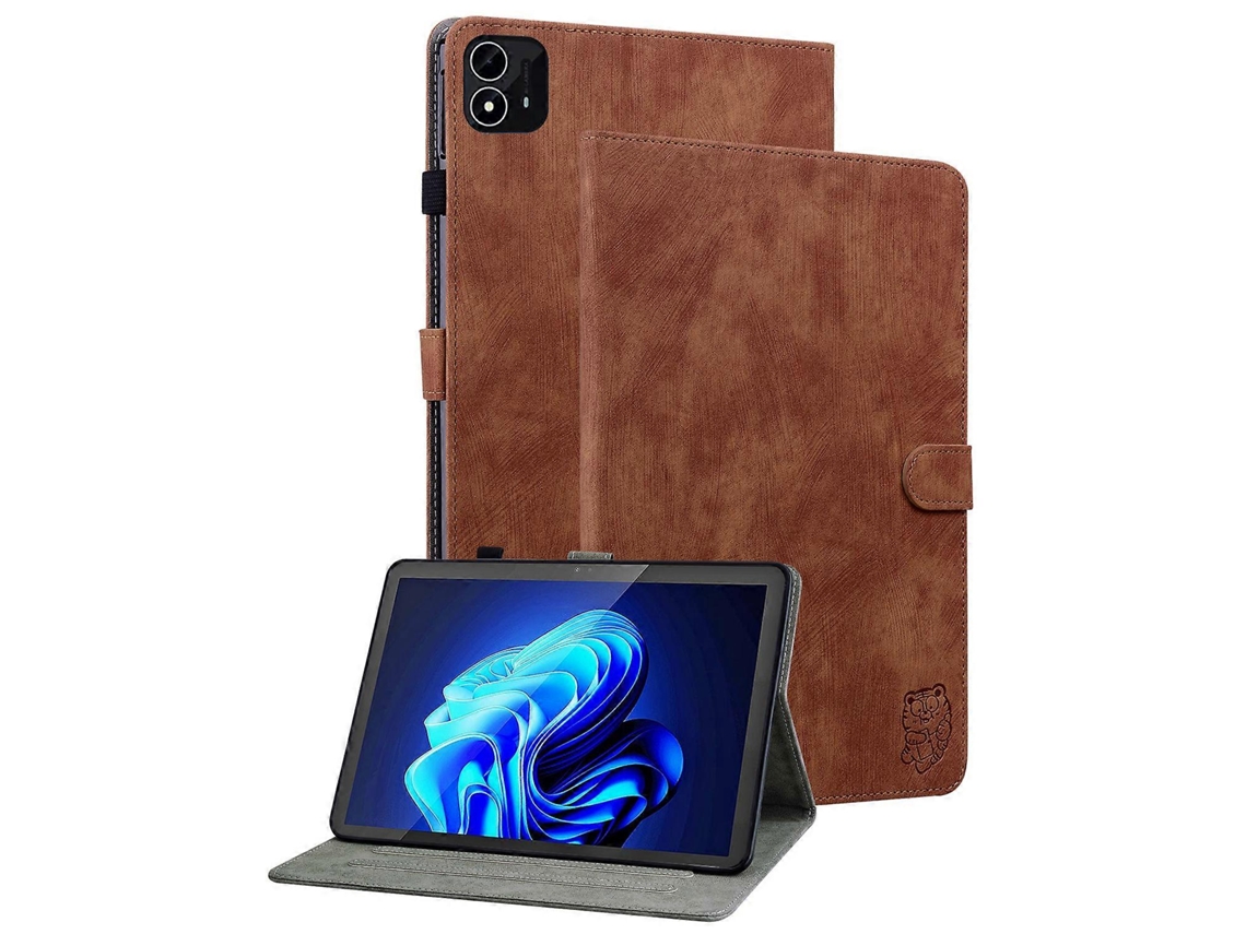 Capa de couro sintético antirriscos com estampa de tigre Hengrongshen para tablet Itel Pad One (marrom)