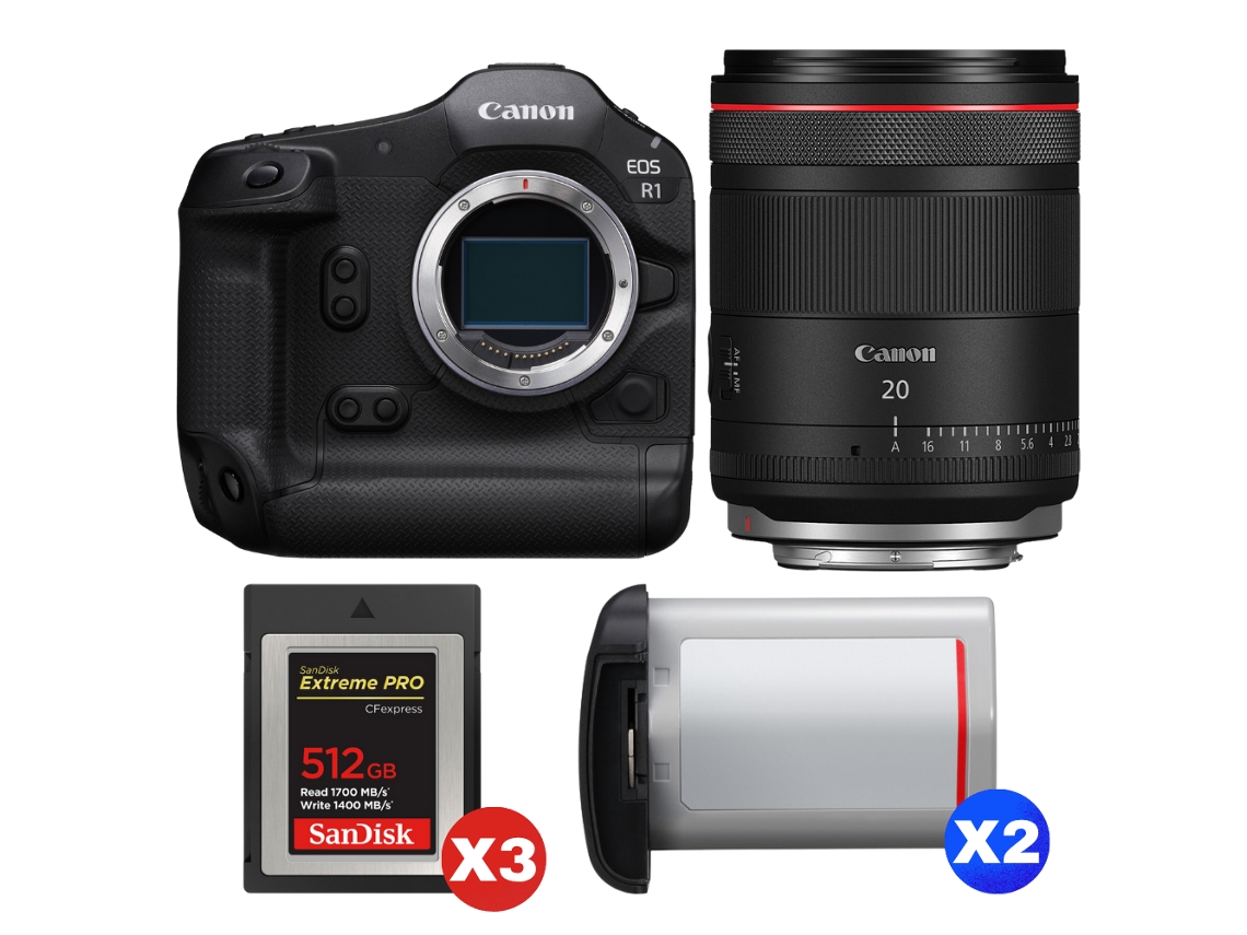 Eos R1 + Rf 20mm F/1.4 L Vcm + 3 Sandisk 512gb Extreme Pro Cfexpress Type B + 2 Canon Lp e19 + Ebook “20 Dicas para Fotos Que Impressionam” CANON