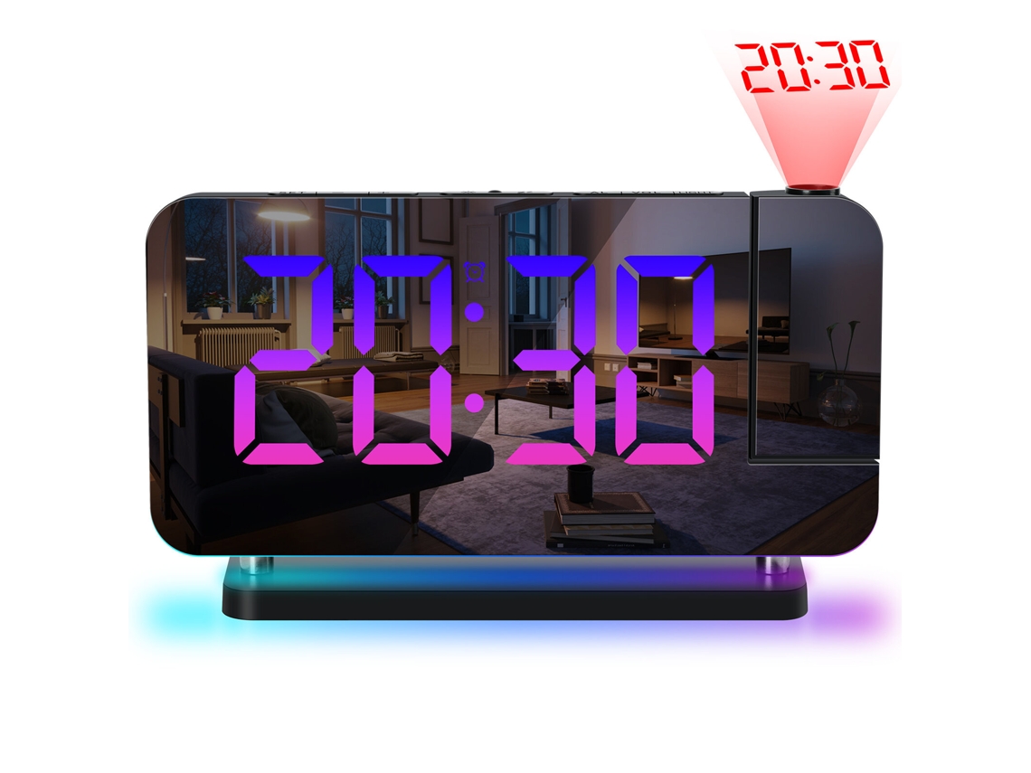 Relógio Despertador Digital Projeção Led RGB com superfície espelhada luz noturna ajustável 12/24h Casa Quarto MDUG