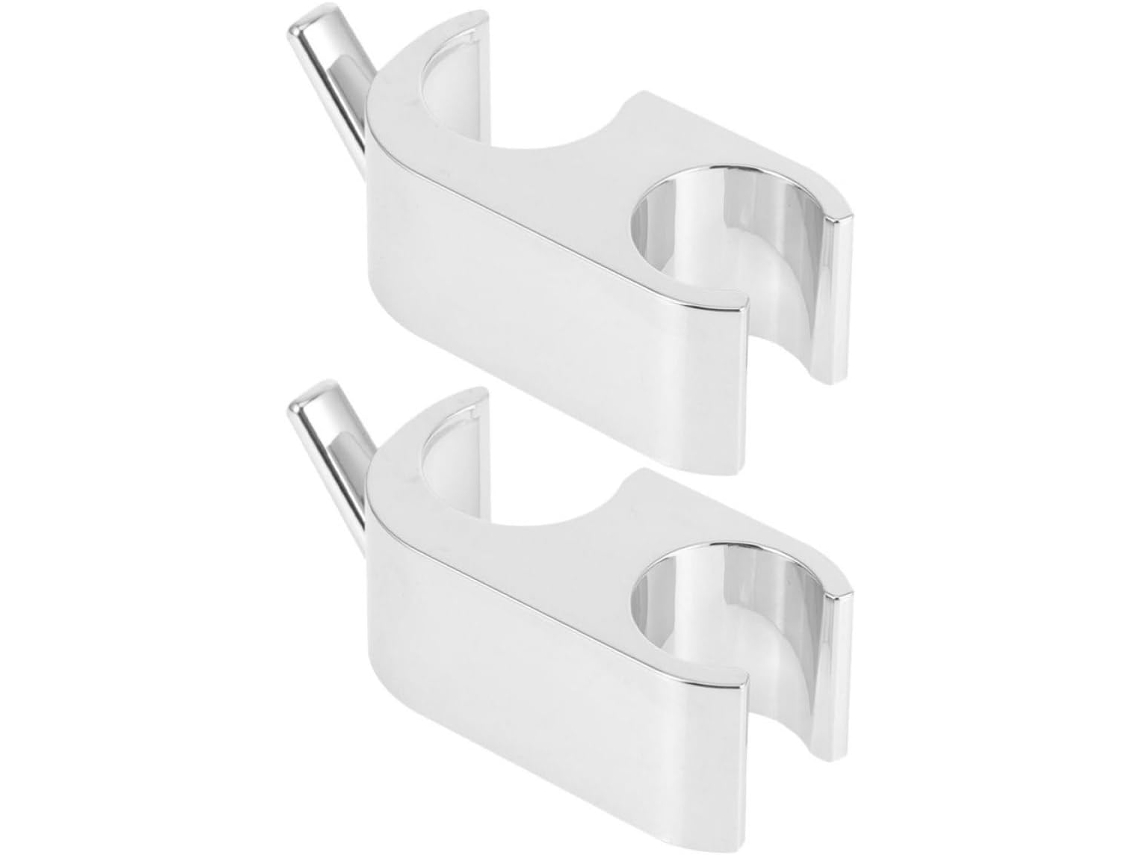 Conjunto de 2 suportes para fixação de chuveiro sem furos, em ABS eletrogalvanizado, adequados para chuveiros de 24 a 25 mm.