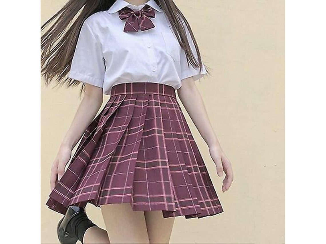 Saia Rebe plissada estilo uniforme escolar japonês, em algodão, cintura alta, estampa xadrez, tamanho XXL feminino, cor vermelho amaranto.