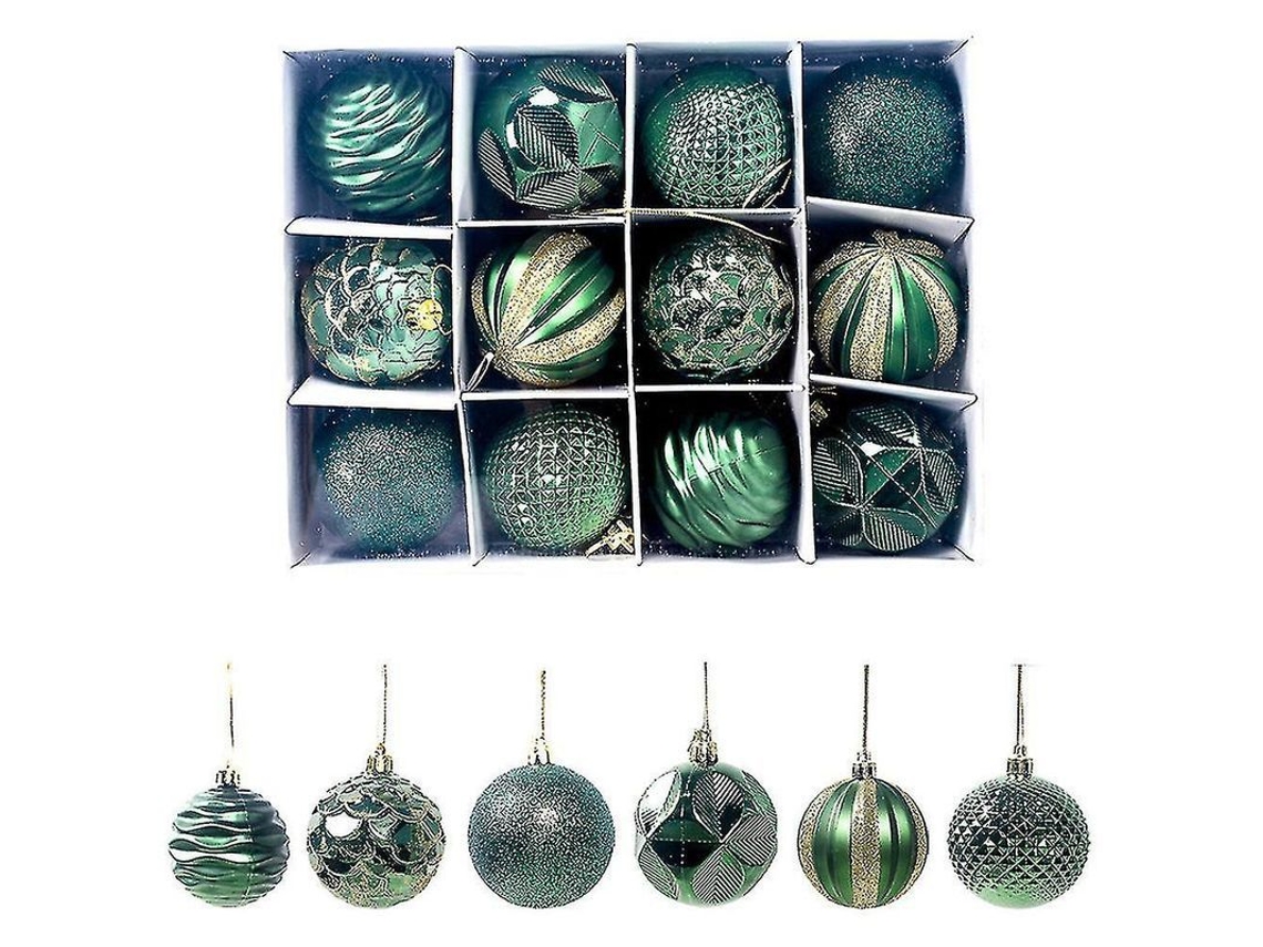 12 Adornos De Navidad De Plástico Inquebrantable Para Árbol De Navidad Con Caja Regalo Reutilizable 5.99cm Para Fiestas Y Vacaciones Verde