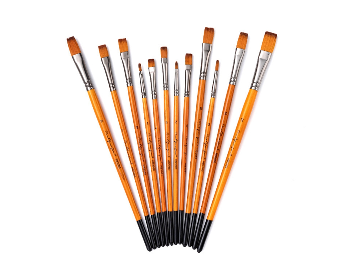 Kit de 12 Pincéis de Arte com Cabelo de Náilon para Acrílico, Aquarela, Gouache, Pintura Facial, Pincéis Flat, Filbert, Redondo, Ângulo | S/MARCA