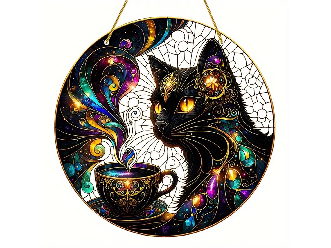 Yk6005 Gato Preto Café Quadro 20x20cm Impressão Dupla Face Pintada