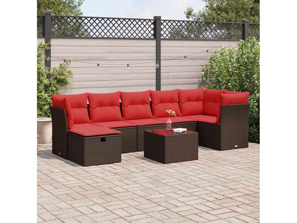 Vidaxl 8 Pcs Conjunto Sofás De Jardim C/ Almofadões Vime Pe Castanho