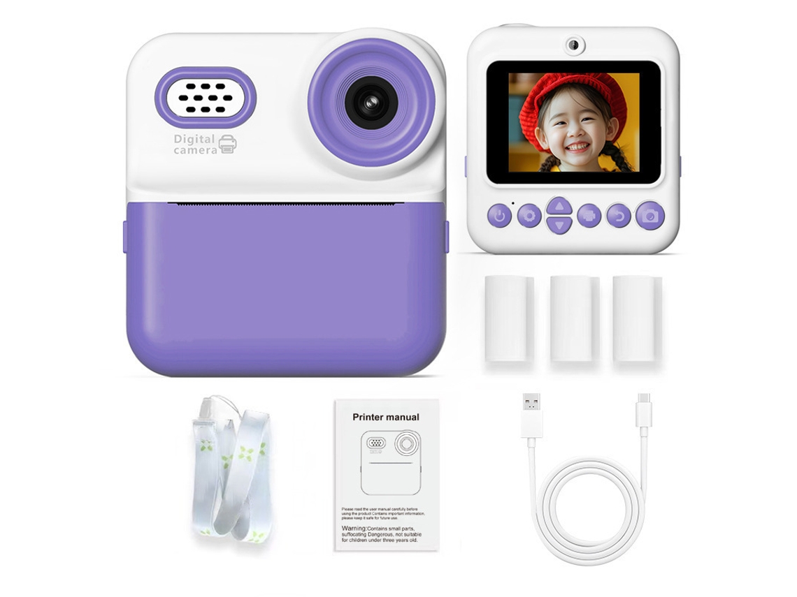 Câmara De Impressão Instantânea Para Crianças Com Dupla Câmara Hd, Imprime Cor Única Com 4 Rolos De Papel Roxo
