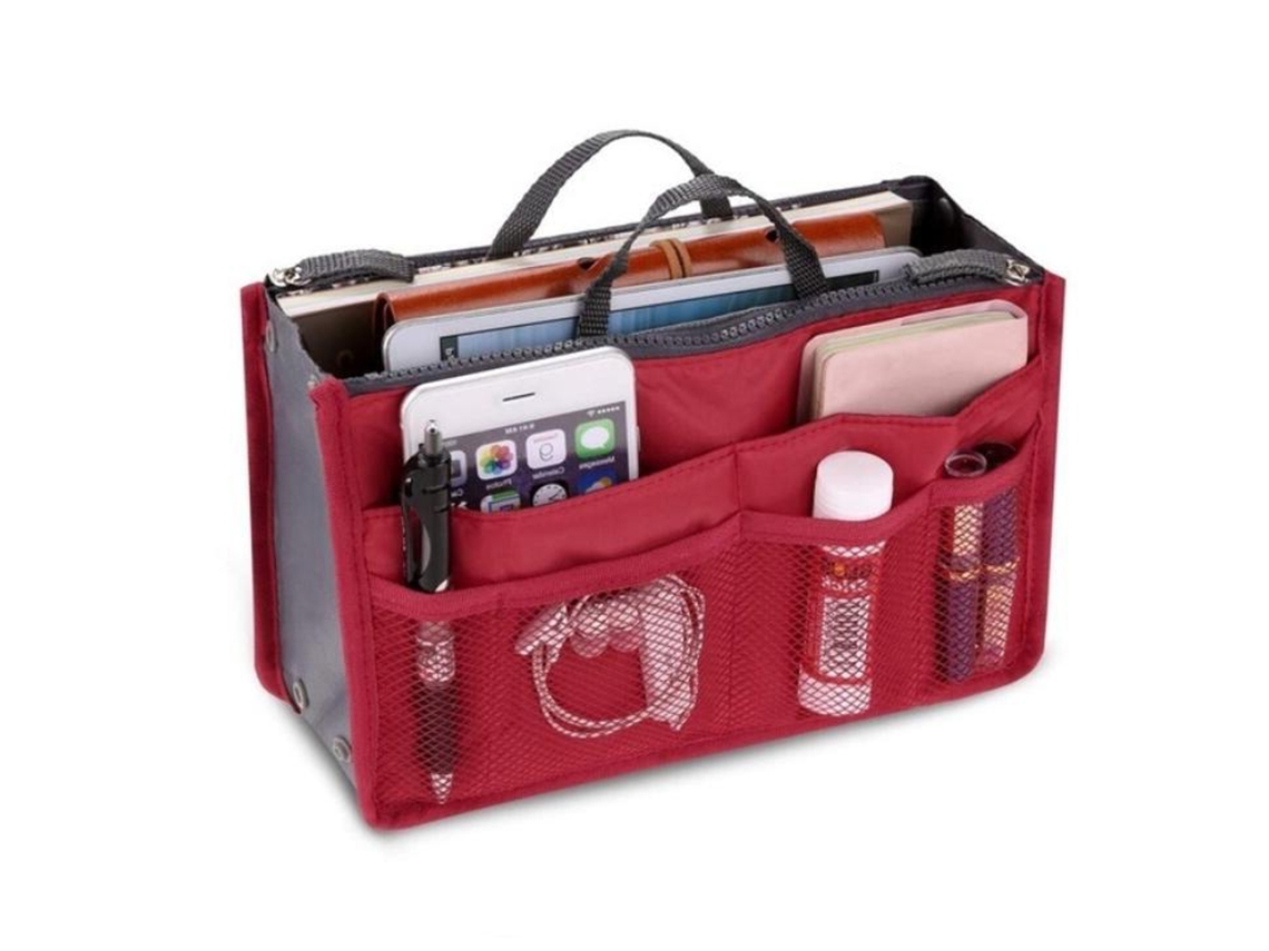 Bolsa multifuncional Maquiagem feminina com vários compartimentos, organizador grande para viagens, vermelha.