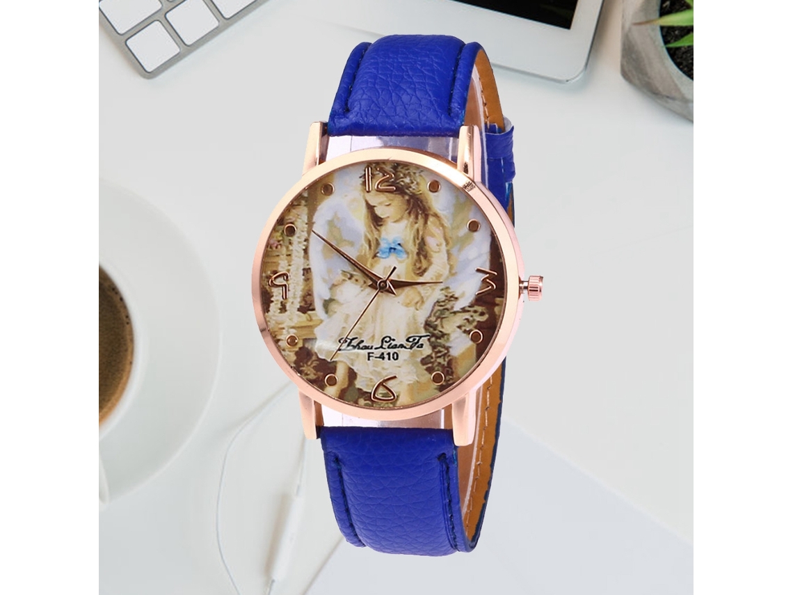 Reloj De Cuarzo Con Correa De Cuero Pu Unisex Patrón Ángel Pequeño Dial Azul Zhoulianfa