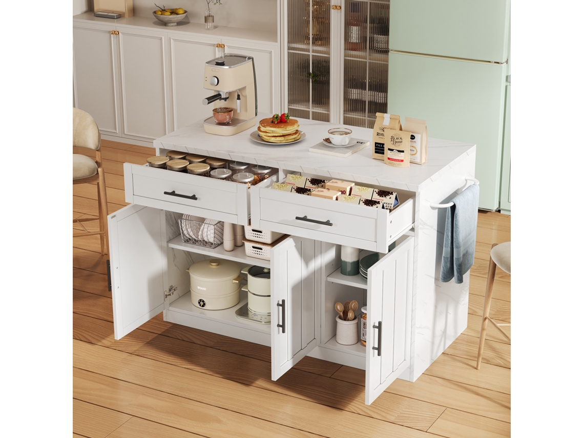 Ilha Cozinha 120x60x91cm Tomadas Usb Prateleiras Ajustáveis Suporte Toalhas
