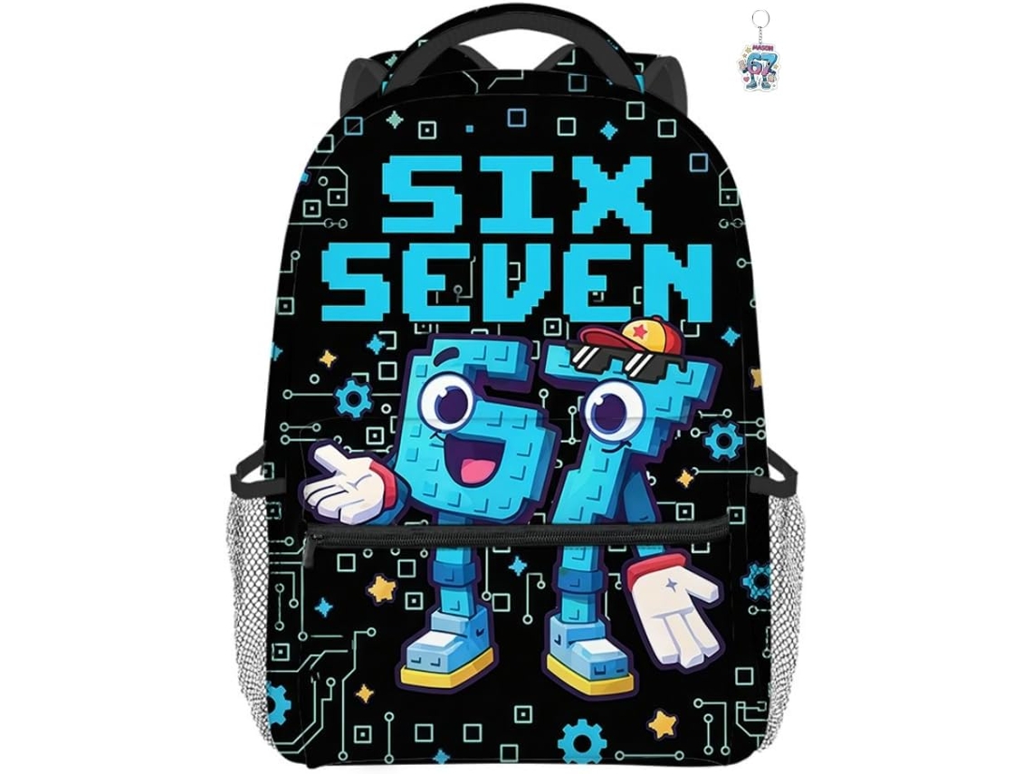 Mochila Com O Meme 67 E Chaveiro, 41,9 Cm, Temática Escolar Leve Grande Capacidade, Ideal Para