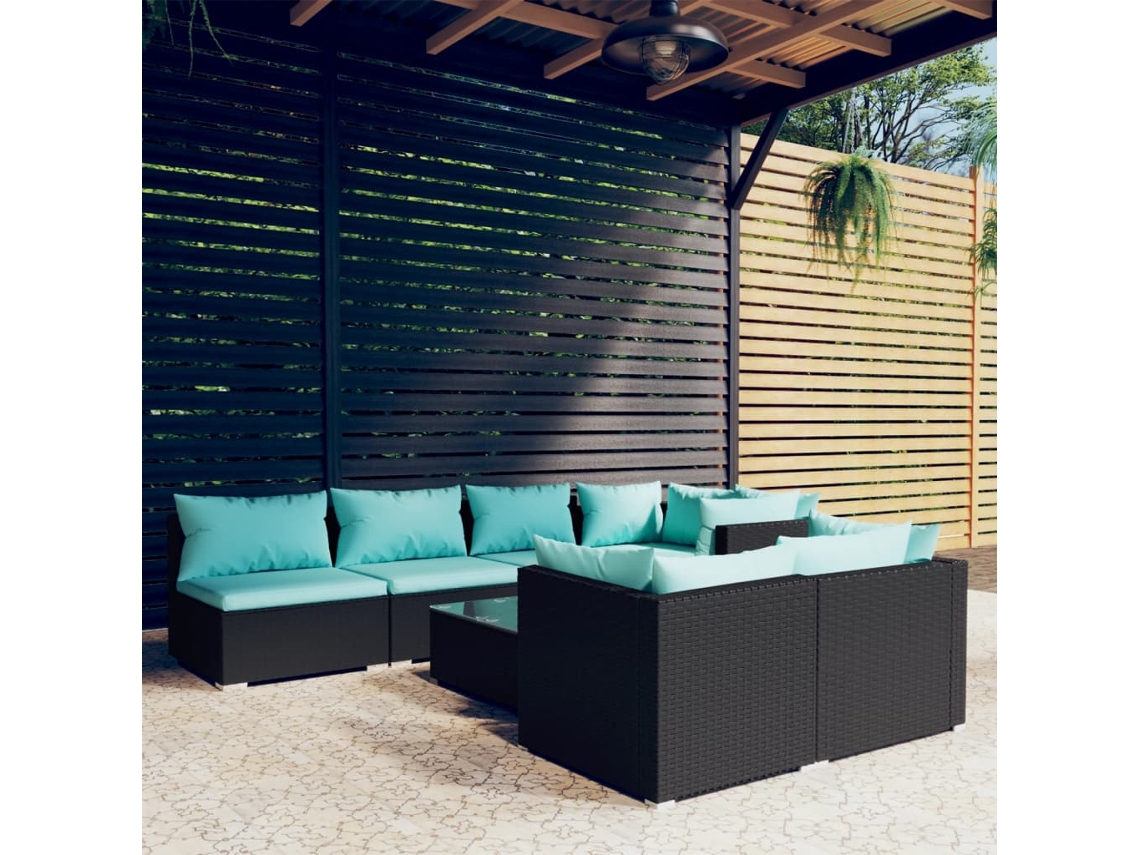 8 Pcs Conjunto Lounge De Jardim C/ Almofadões Vime Pe Preto Dkd Home Decor