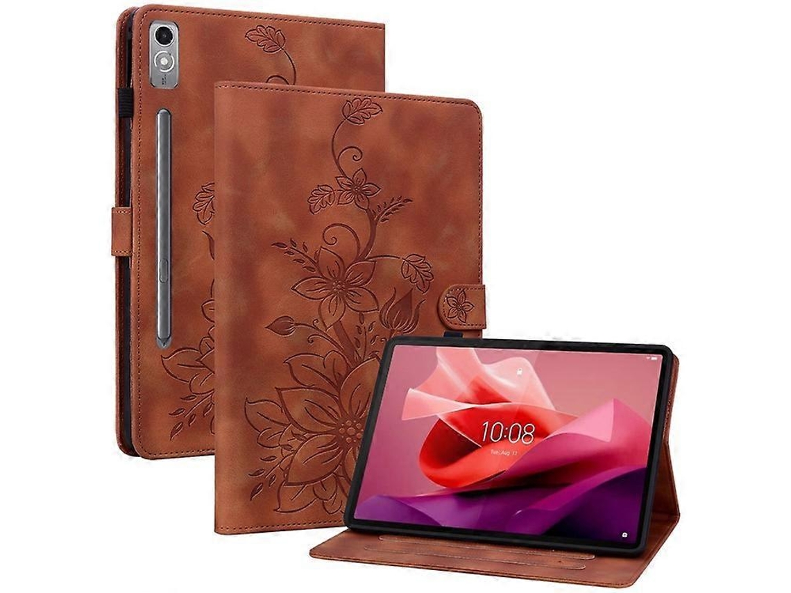 Capa Para Tablet Lenovo Tab P12 Em Couro Com Estampa De Lírio, Compartimentos Para Cartões E Suporte.