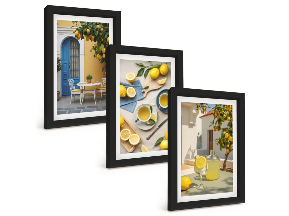 Um Conjunto De Imagens Decorativas Em Uma Molduralimões, Limonada, Portas Azuis Moldura Preta Pinturas De Quarto Espelharte (3 Peças 20x30 Cm)