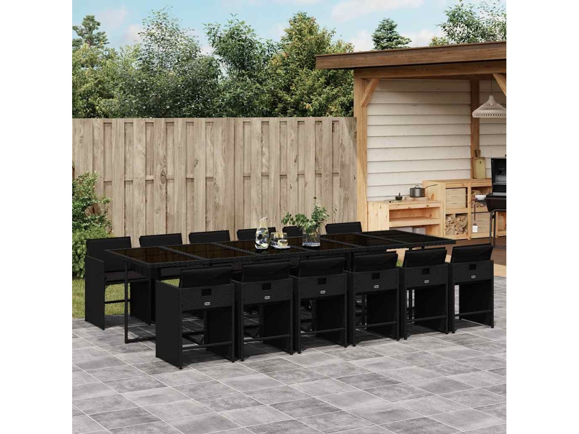 Vidaxl 13 Pcs Conjunto De Jantar P/jardim Com Almofadões Vime Pe Preto