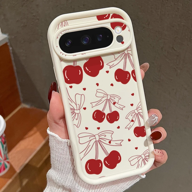 Capa Macia E Fofa Com Estampa De Cereja Para Google Pixel 9 Pro Xl (branco-creme), Resistente A Impactos.