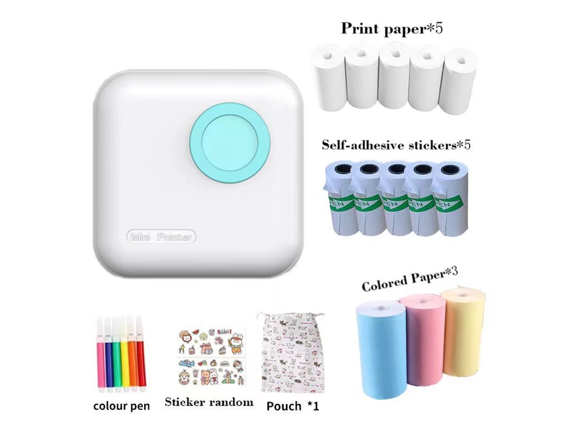 Mini Impressora Térmica com Bluetooth e 13 Rolos de Papel de Impressão Azul da Cuich
