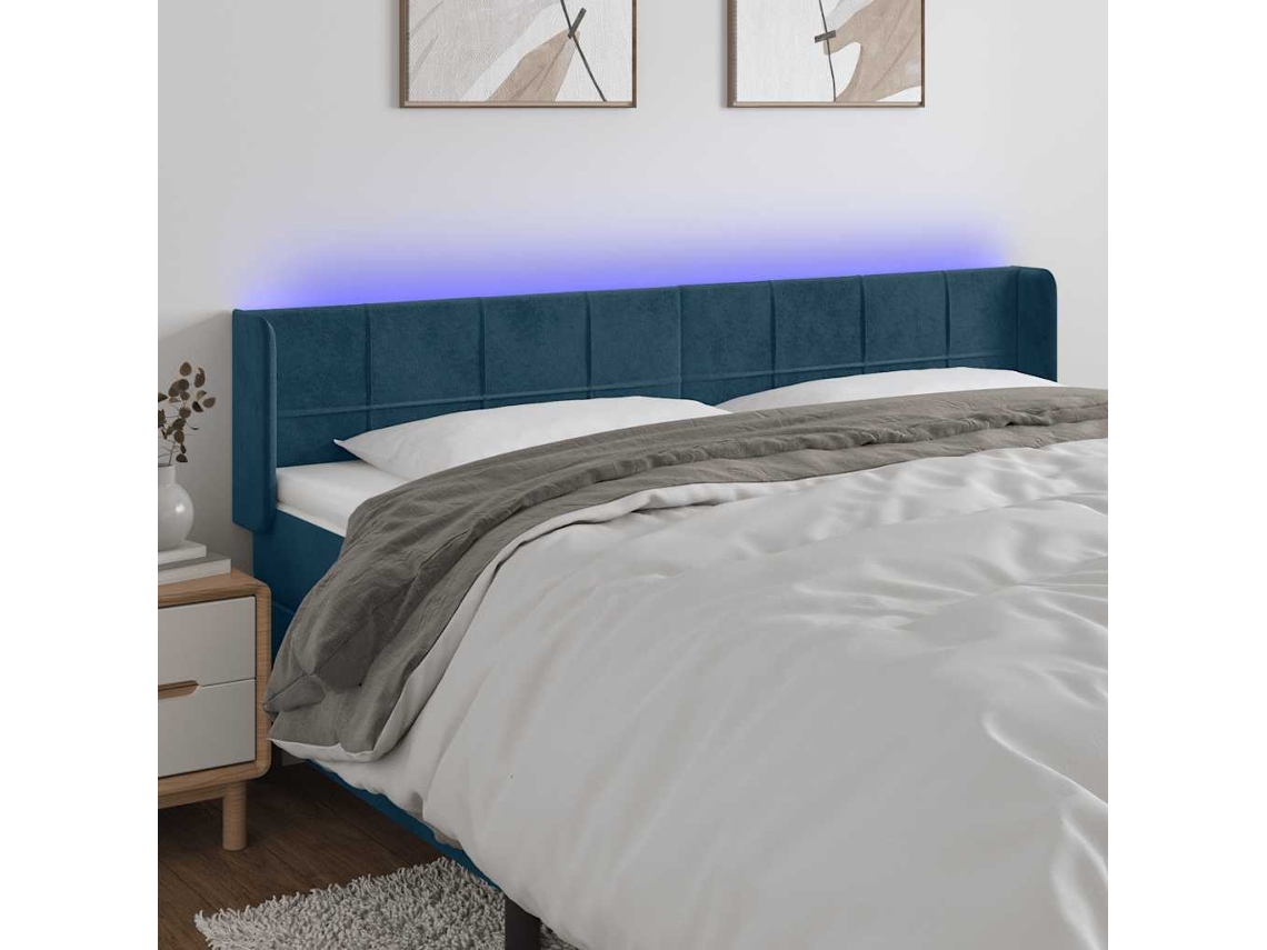 Vidaxl Cabeceira Cama C/ Luzes Led Veludo 203x16x78/88 Cm Azul-escuro