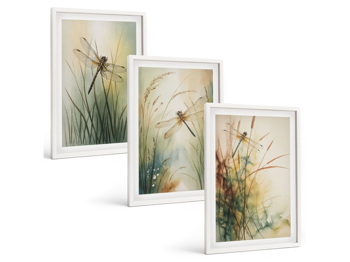 Conjunto De Pinturas Grama, Libélulas À Beira-mar Espelharte (3 Peças 40x60 Cm)