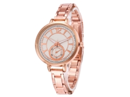 Relógio de quartzo unissex, simples e casual, com pulseira de aço em tom rosé.