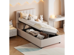 Cama infantil com arrumação, 90x200 Cm, hidráulica, estofada em linho bege VSOGA
