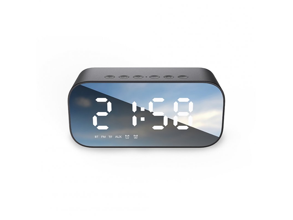 Coluna Bluetooth Despertador Espelho Display Áudio Multifuncional com Modo de Alarme Duplo Brilho de 3 Níveis Preto