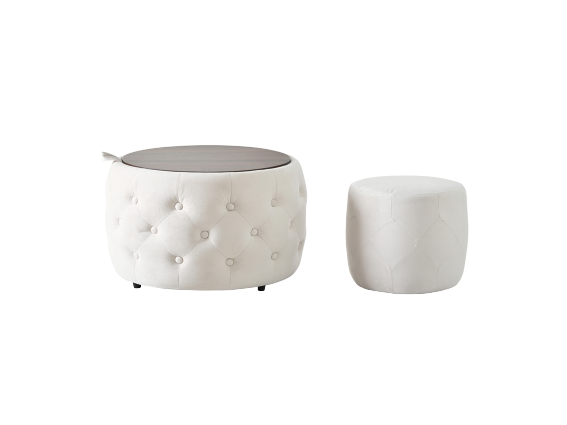 Conjunto de 2 Pufs de Veludo Luxuosos, 4 em 1, com Armazenamento e Mesa de Madeira, Fácil de Usar, Bege ORBITRA COMMERCE (58 Cm X 58 Cm X 38 Cm)