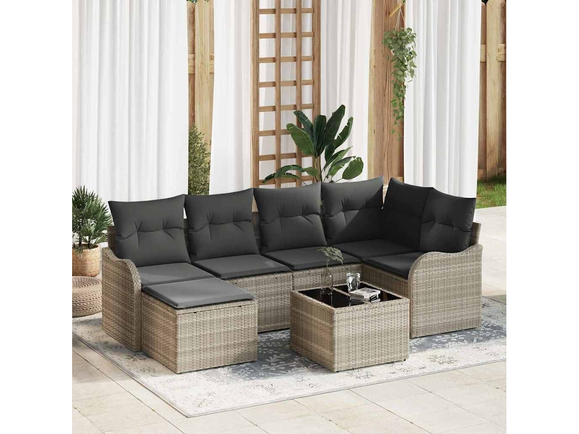 Vidaxl Conjunto De Sofá De Jardim 7 Unid. Cinzento-claro Vime Pe