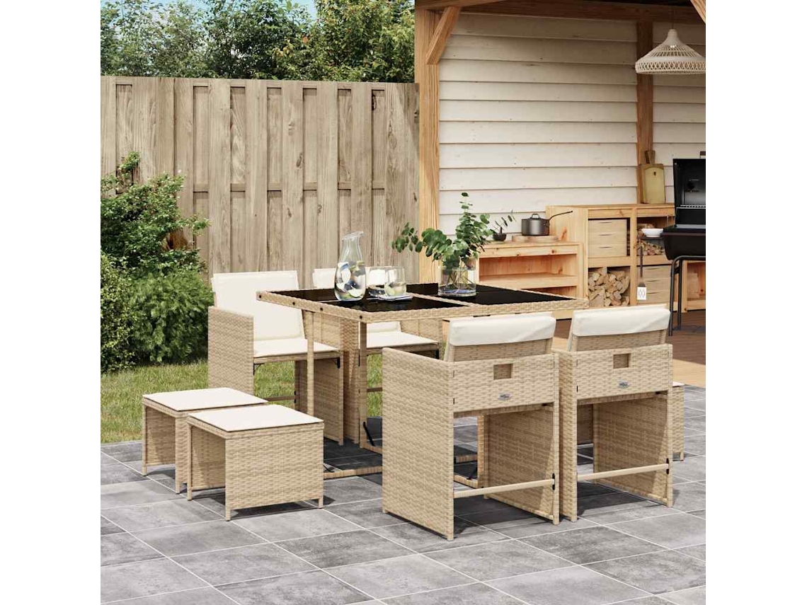 Vidaxl 9 Pcs Conjunto De Jantar P/ Jardim Com Almofadões Vime Pe Bege
