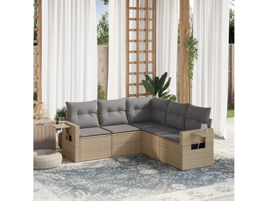 Vidaxl 5 Pcs Conjunto De Sofás P/ Jardim Com Almofadões Vime Pe Bege
