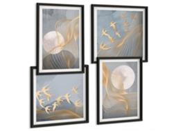 Composição De Quadros Ondas Abstratas E Pássaros Espelharte (4 Peças)