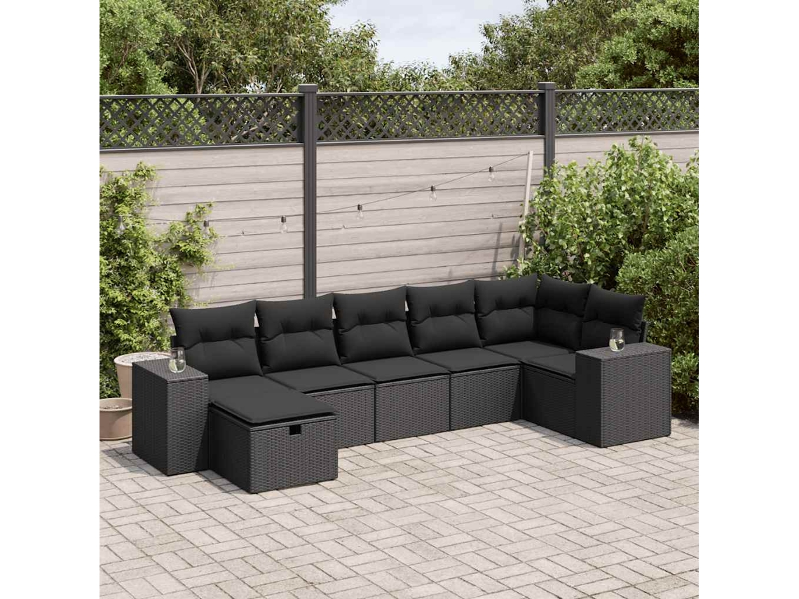 Vidaxl 7 Pcs Conjunto de Sofás P/ Jardim C/ Almofadões Vime Pe Preto