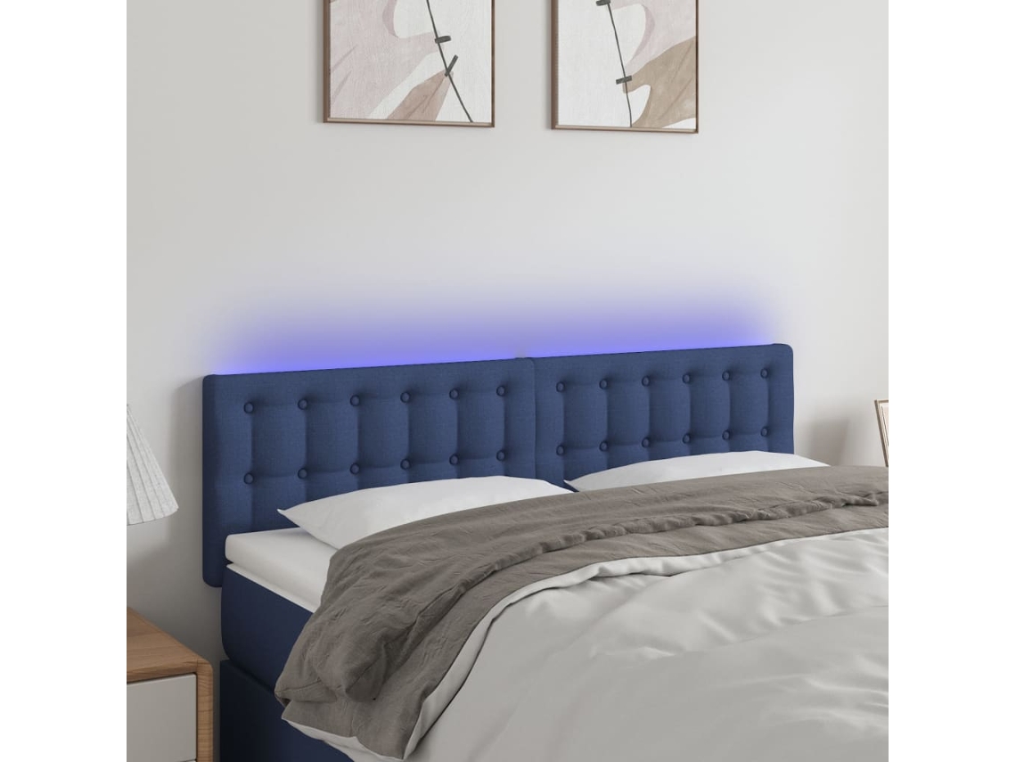 Vidaxl Cabeceira De Cama C/ Luzes Led Tecido 144x5x78/88 Cm Azul