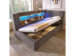 Cama Individual Estofada 90x190 Led, Armazenamento Hidráulico, Cabeceira L, Montável Em Ambos Os Lados Cinza Mobrio