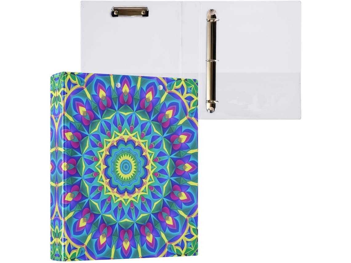 Pasta de 3 Argolas para Tamanho Carta , Organizador Redondo Retrô Azul com Mandala e Prancheta (27,9 X 21,6 Cm)