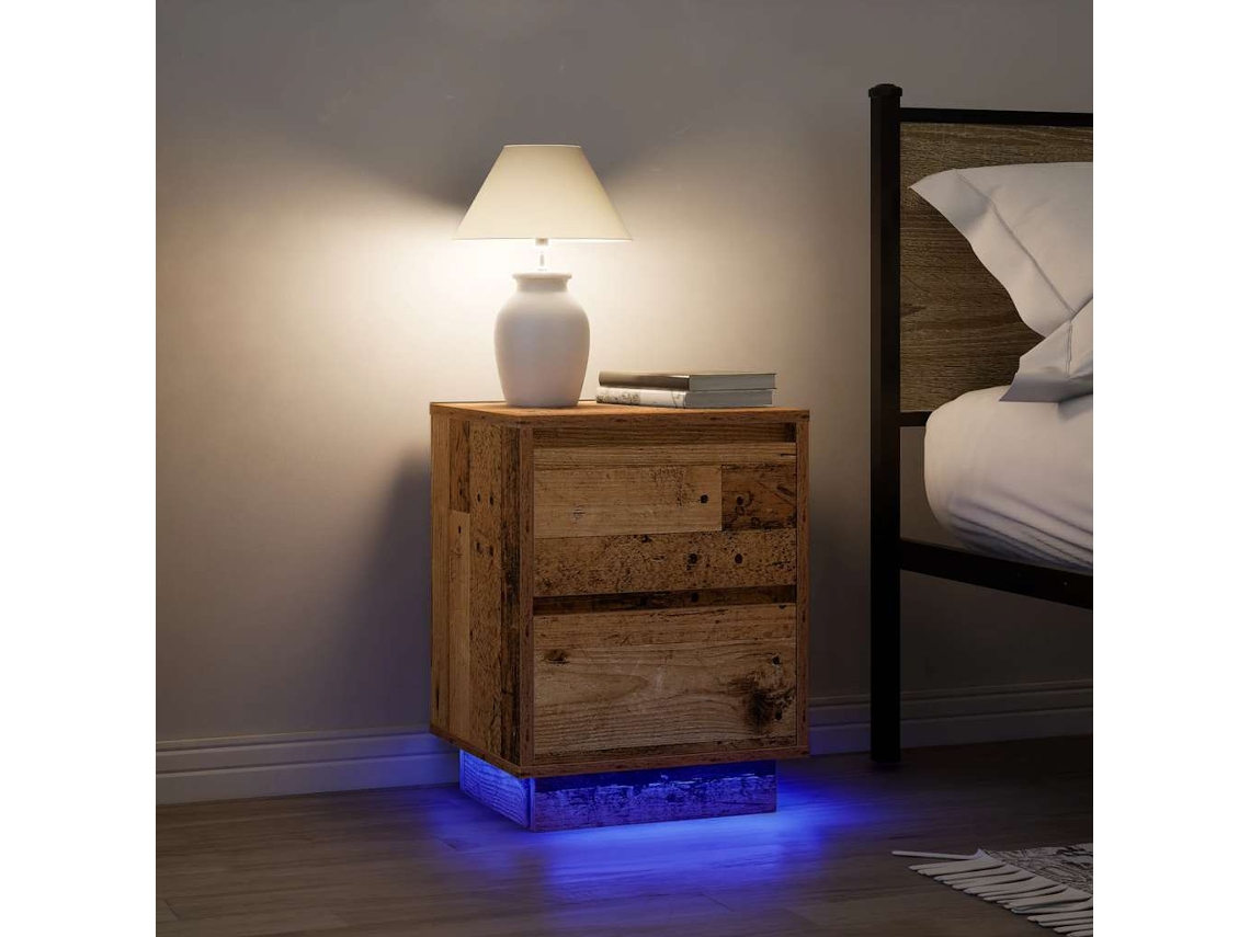 Vidaxl Mesas Cabeceira C/ Luzes Led 2 Pcs 38x34x50 Cm Madeira Velha
