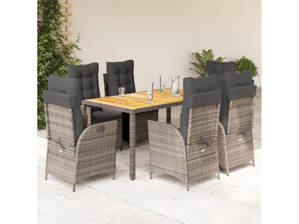 Conjunto 7 Peças Jantar P/ Jardim C/ Almofadões Vime Pe Cinza Dkd Home Decor