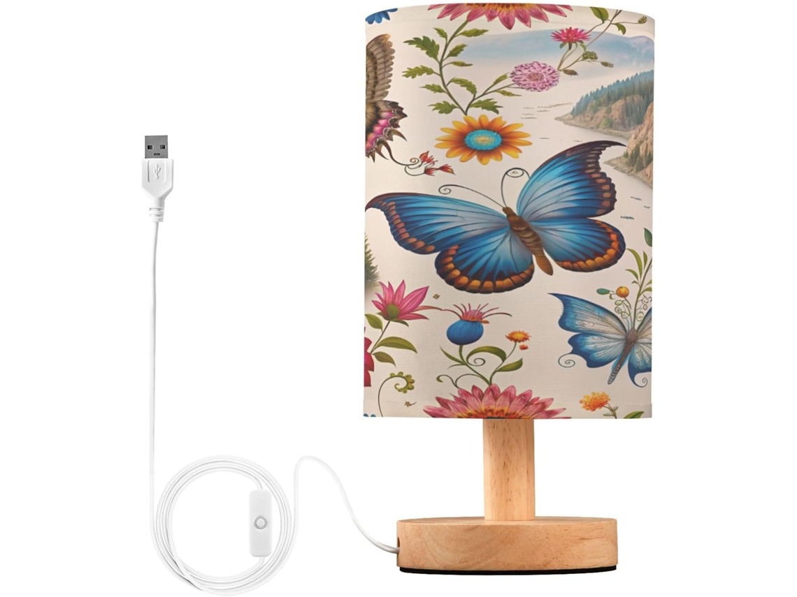Abajur De Cabeceira Com Estampa Borboletas E Flores, Suporte Usb C Para Carregamento, Luminária De Leitura Em Led, Base De