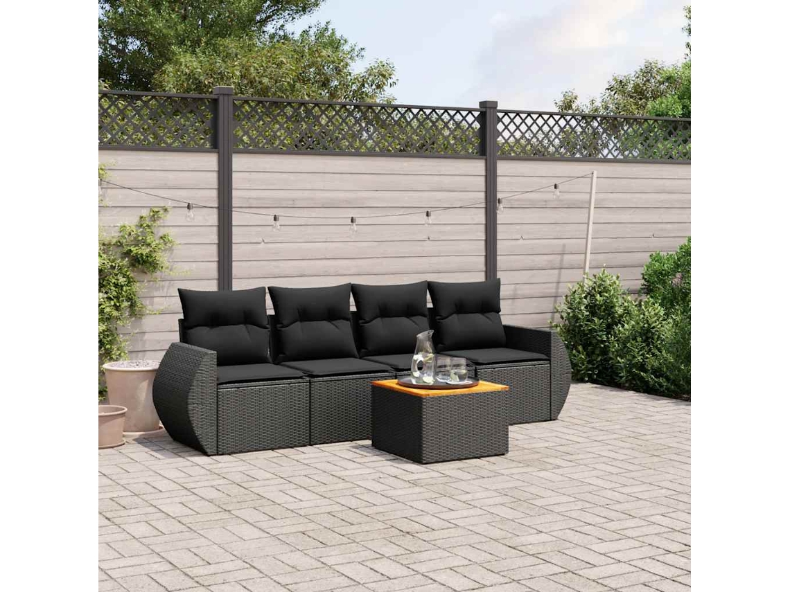 Vidaxl 5 Pcs Conjunto Sofás De Jardim Com Almofadões Vime Pe Preto