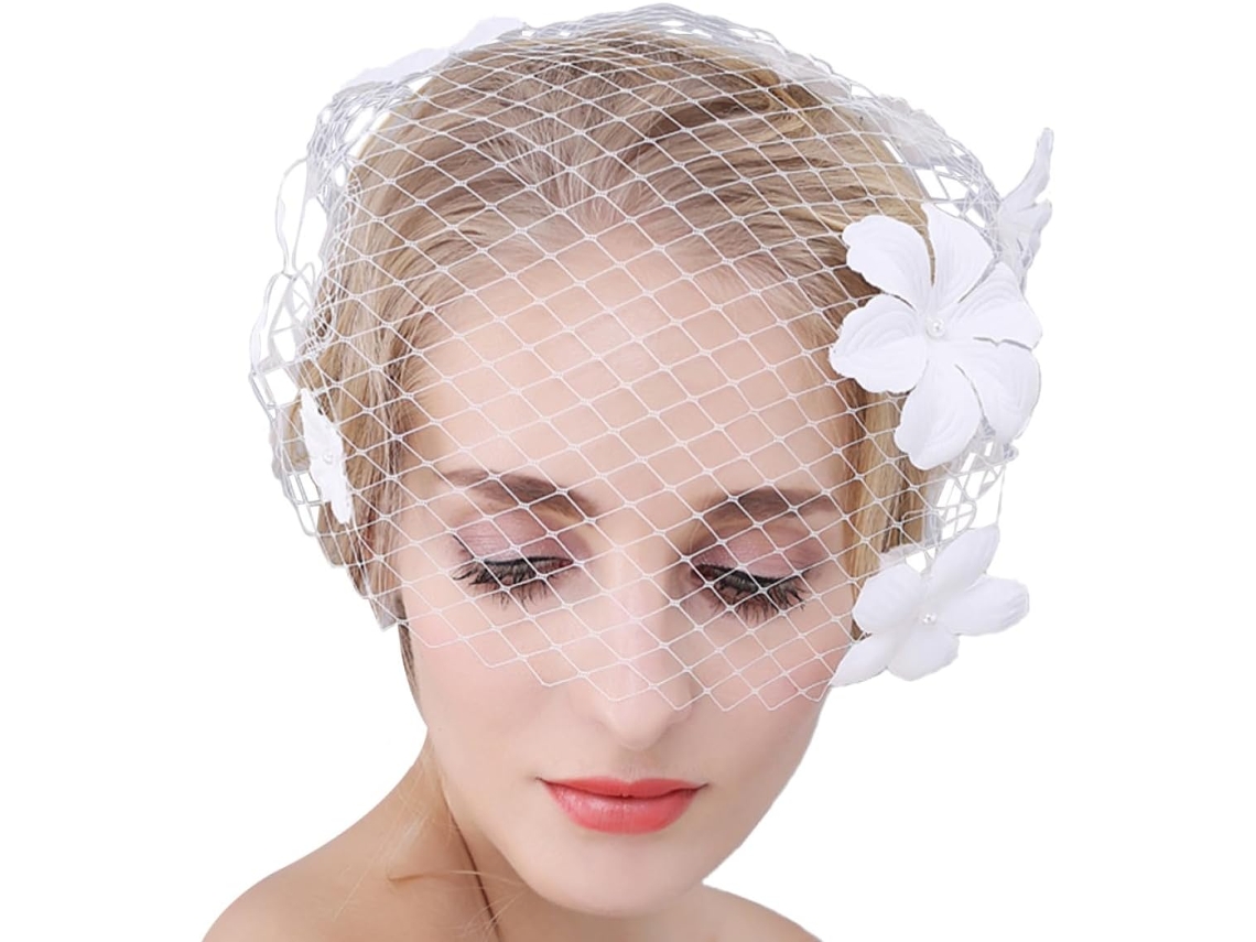 Véu Curto De Noiva Com Flores Brancas E Cobertura Facial Para Cerimônias, Festas De Chá E Eventos.