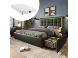 Cama Casal 140x200cm Led 4 Gavetas Cabeceira Ajustável Colchão Pu Preto