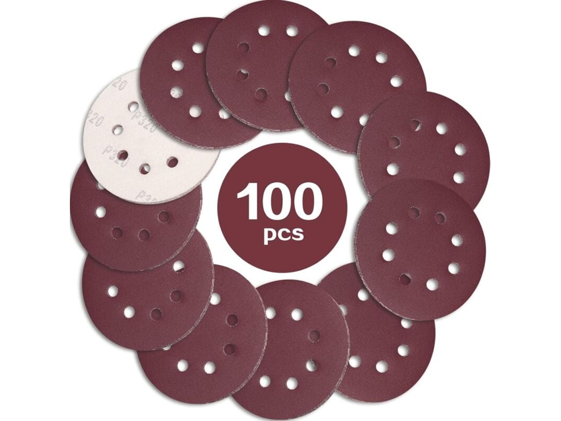 100 peças de lixa de 125 mm, grão 320, lixa de 8 furos, ideal para lixar/polir para lixadeira orbital aleatória KLB