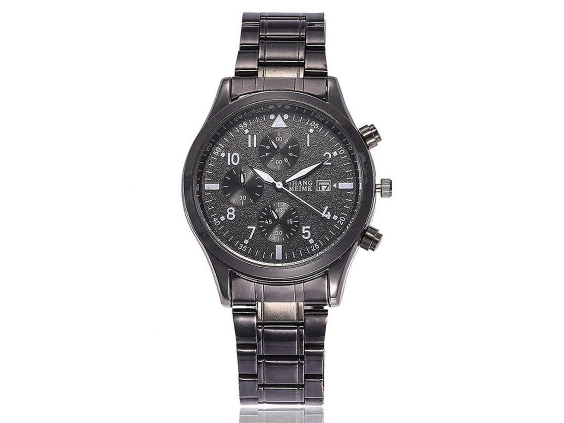 Relógio de pulso Shangmeimk, pulseira de aço inoxidável, mostrador redondo, movimento de quartzo analógico, preto.