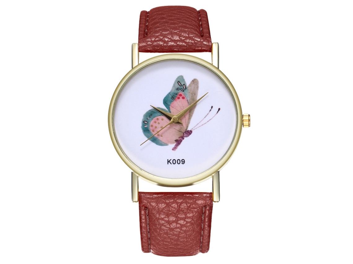 Relógio de pulso feminino com pulseira de couro marrom, design de borboleta e movimento de quartzo moderno.