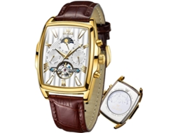 Lurelia Relógio Mecânico Masculino, Automático, Data/calendário, Luminoso, Mostrador Esqueleto, Fase Da Lua, Couro, Dourado
