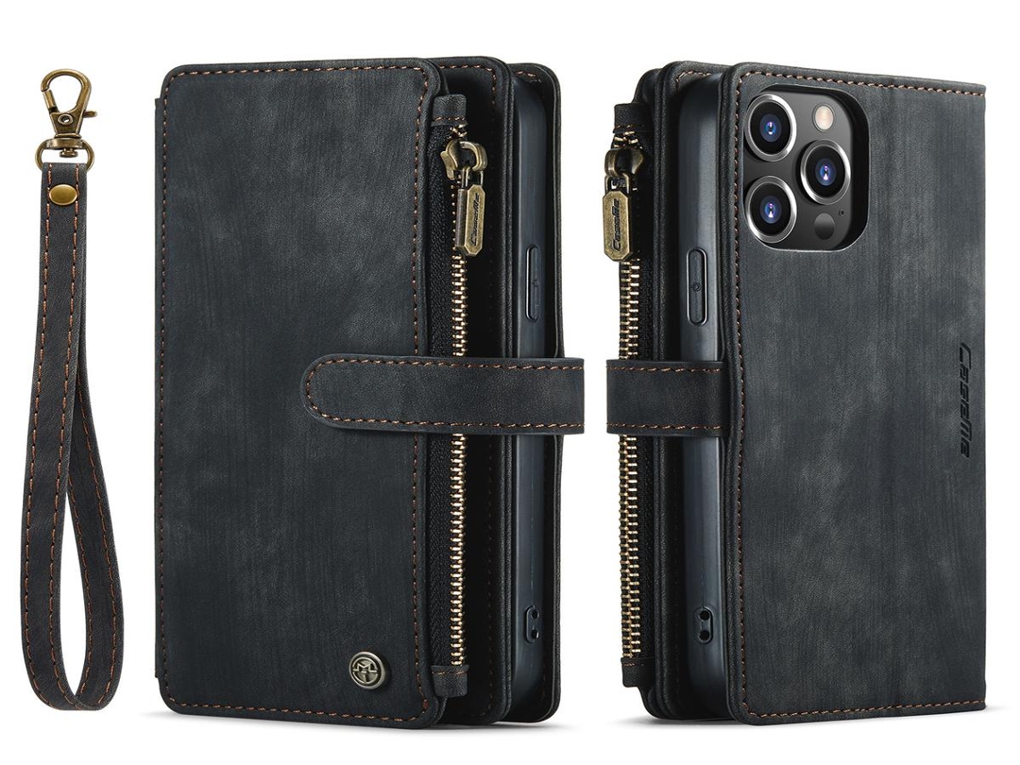 Lurelia Estojo Flip Iphone 14 Plus 3-em-1 Cordão Suporte Porta-cartões Couro Pu Tpu Preto Slim