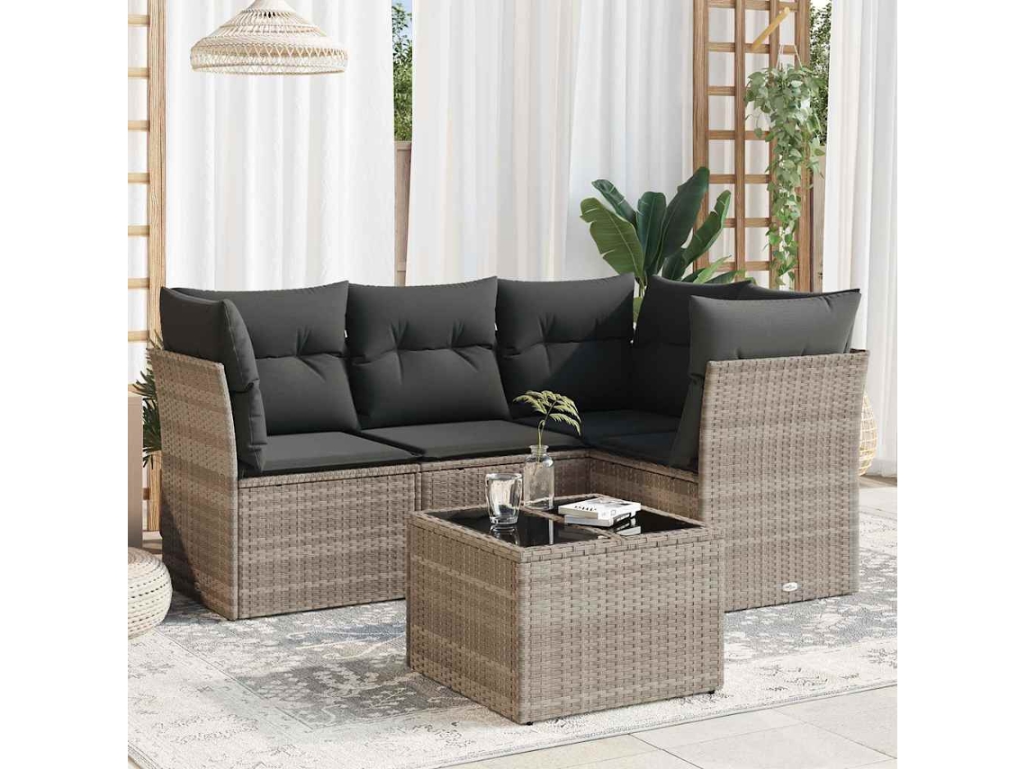 Vidaxl 5 Pcs Conj. Sofás Jardim C/ Almofadões Vime Pe Cinzento-claro