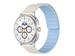 Pulseira magnética de silicone com proteção UV para Samsung Galaxy Watch8, branca antiga com detalhes em azul claro.