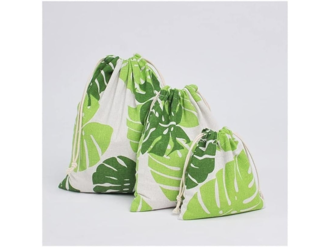 (verde) Conjunto De 3 Sacolas Com Cordão, Em Algodão E Linho, Para Guardar Presentes.