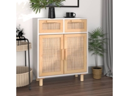 Aparador 60x30x75 cm Madera de Pino Macizo/Mimbre Natural Blanco