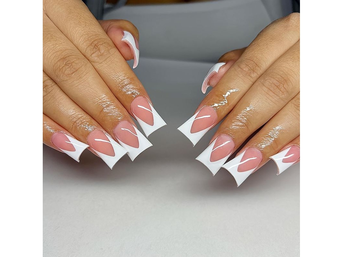 Unhas Falsas de Acrílico Quadrado Rosa com Design Francês e Forma de Bico de Pato Média